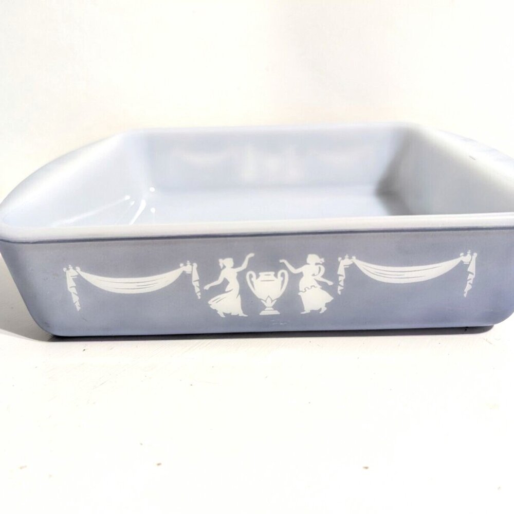 Vintage Glasbake J-247 Grecian Blue and White Milk Glass Baking Dish 9x9x2" VGC